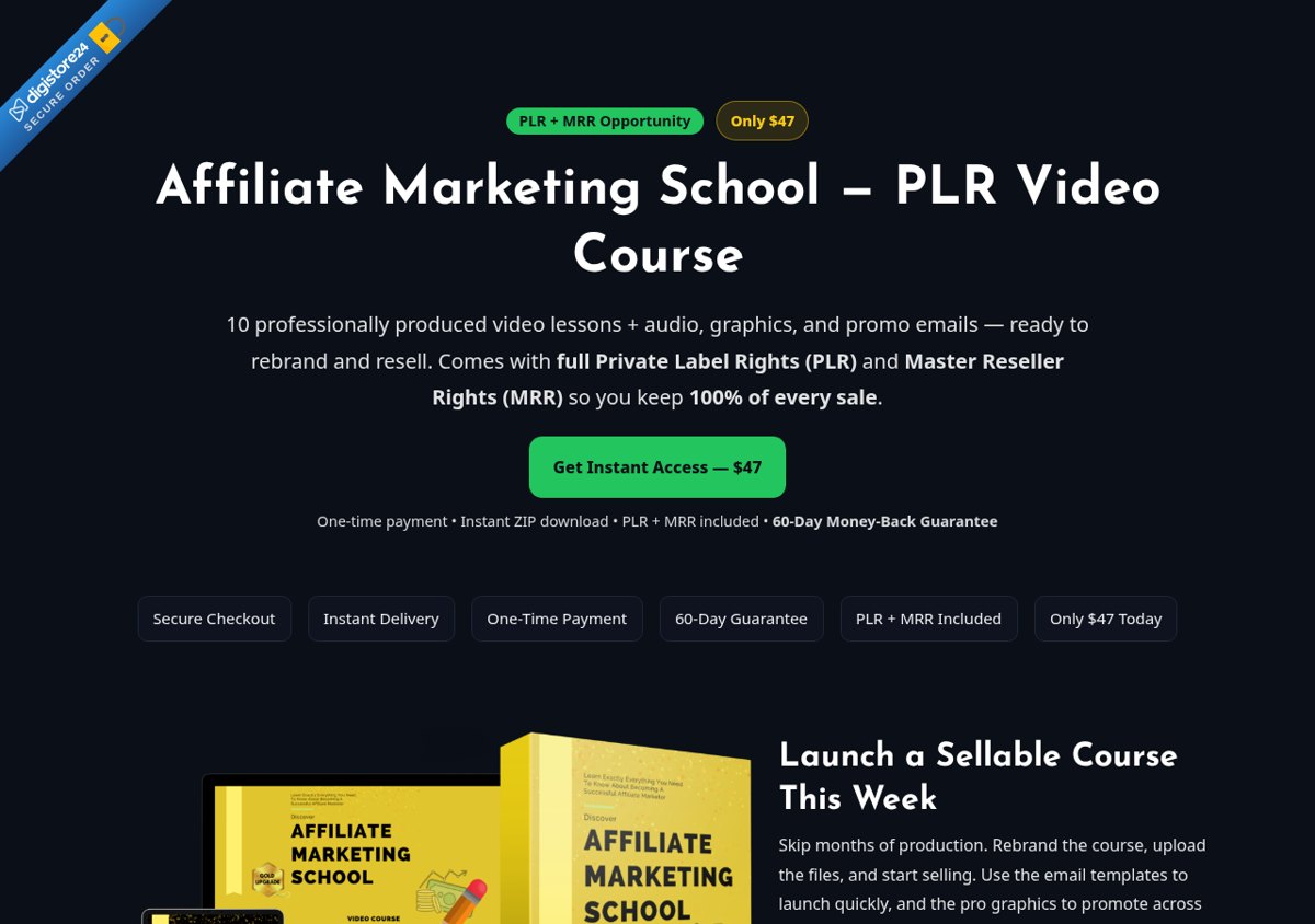 The official Affiliate Marketing School sales page, captured 19 August 2026 — the vendor page headlines the current $47 PLR + MRR offer.