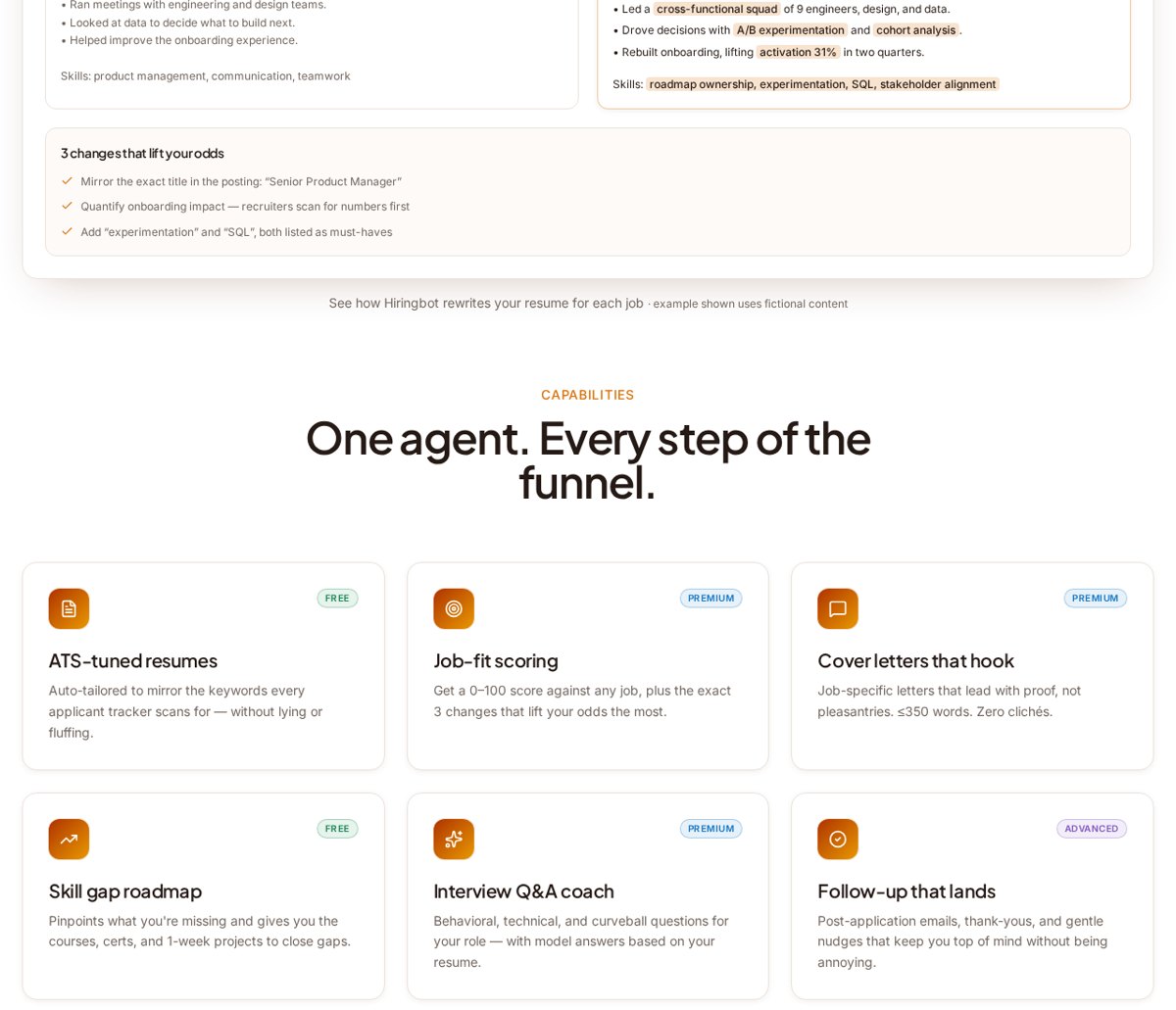 The capabilities grid — ATS-tuned resumes, job-fit scoring, cover letters, skill gap roadmap, interview Q&A coach and follow-up emails, each labelled Free, Premium or Advanced.