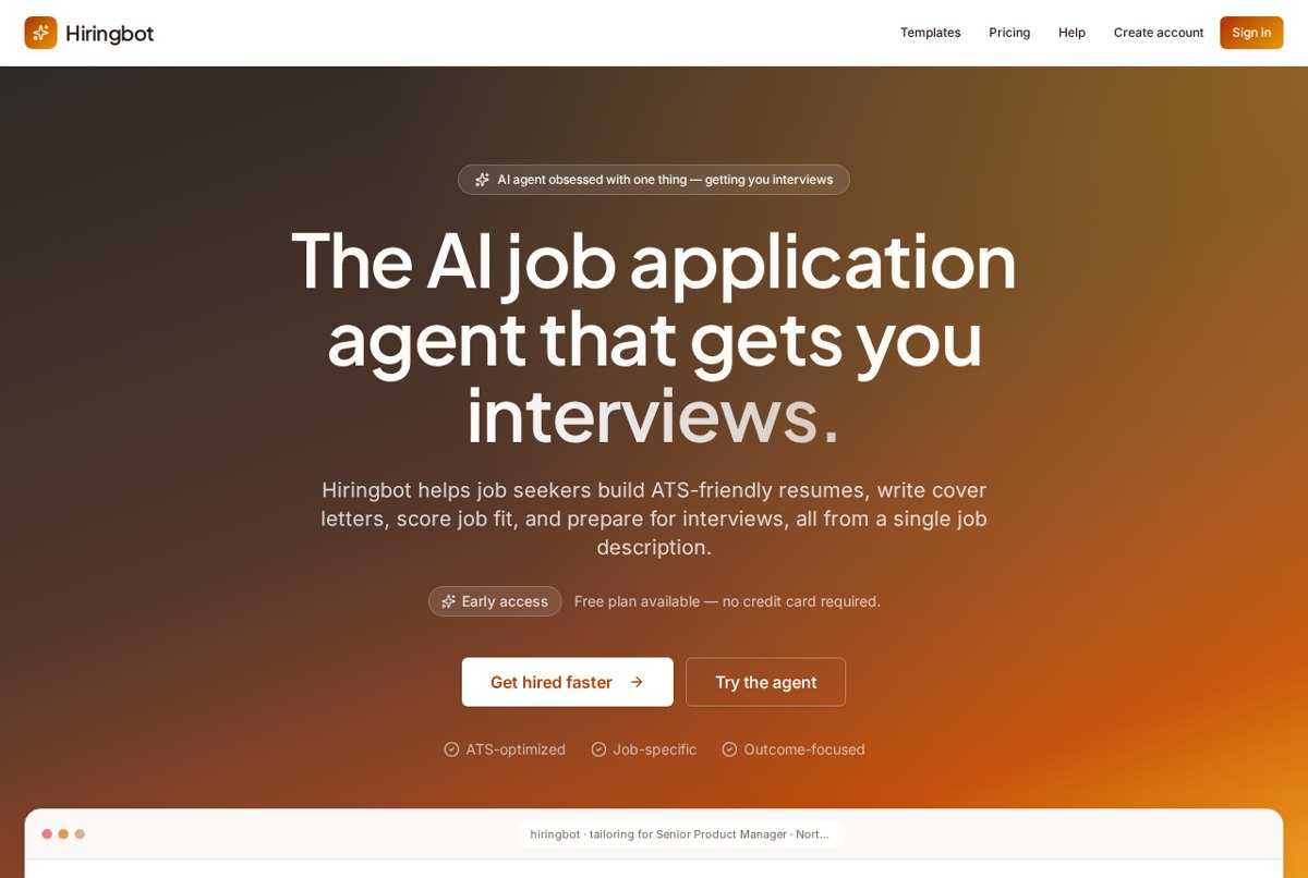 HiringBot's homepage on 19 August 2026, showing the before/after resume tailoring example and the 61 → 94 job-fit score.