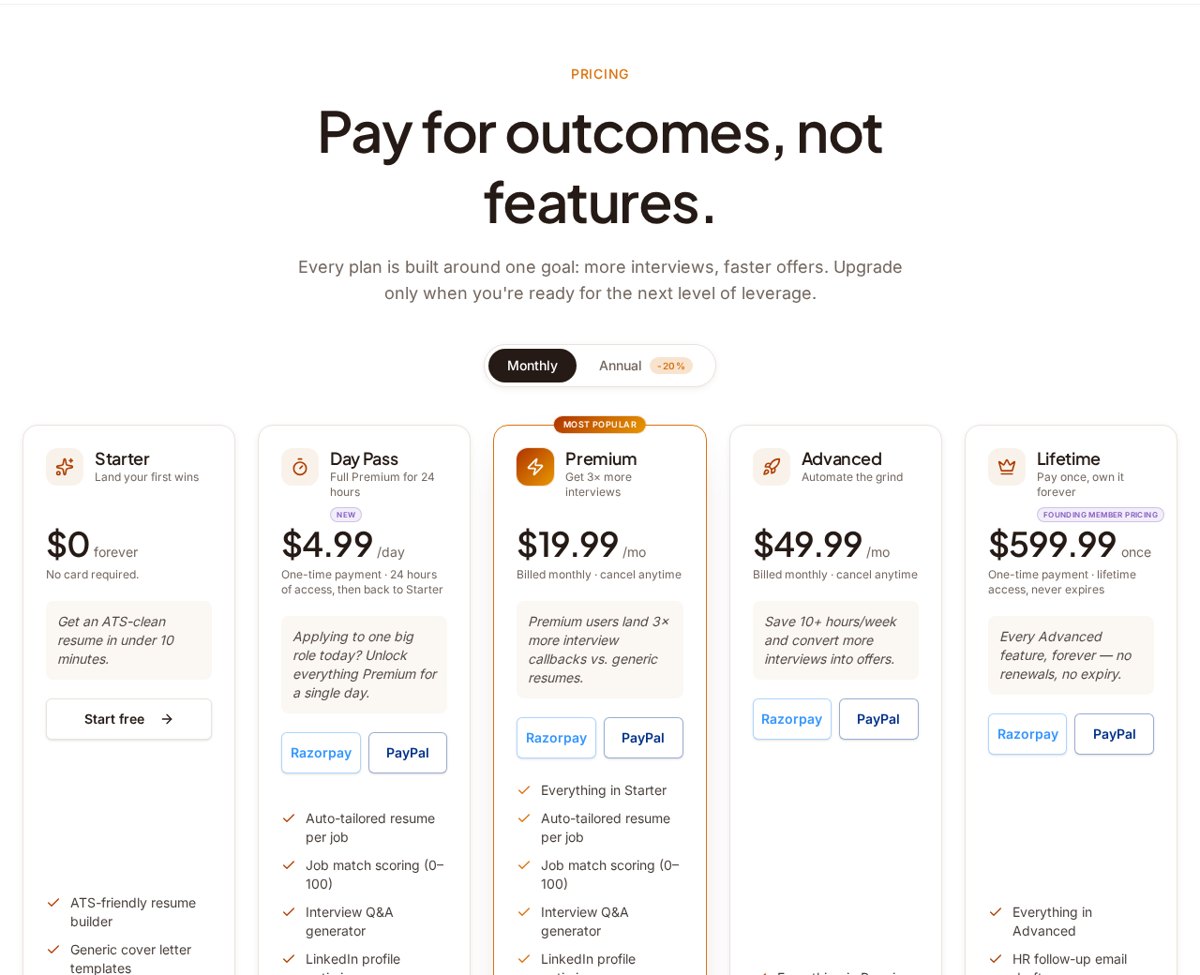 HiringBot pricing tiers as of 19 August 2026: Starter $0, Day Pass $4.99, Premium $19.99/mo, Advanced $49.99/mo and a $599.99 Lifetime plan.