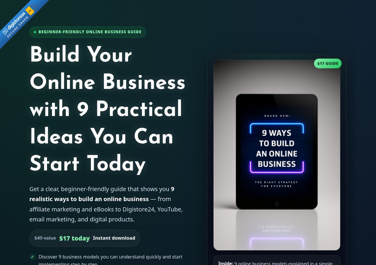 The official 9 Ways to Your Online Business sales page, captured 19 August 2026 — the offer is listed at $17 with instant download via Digistore24.